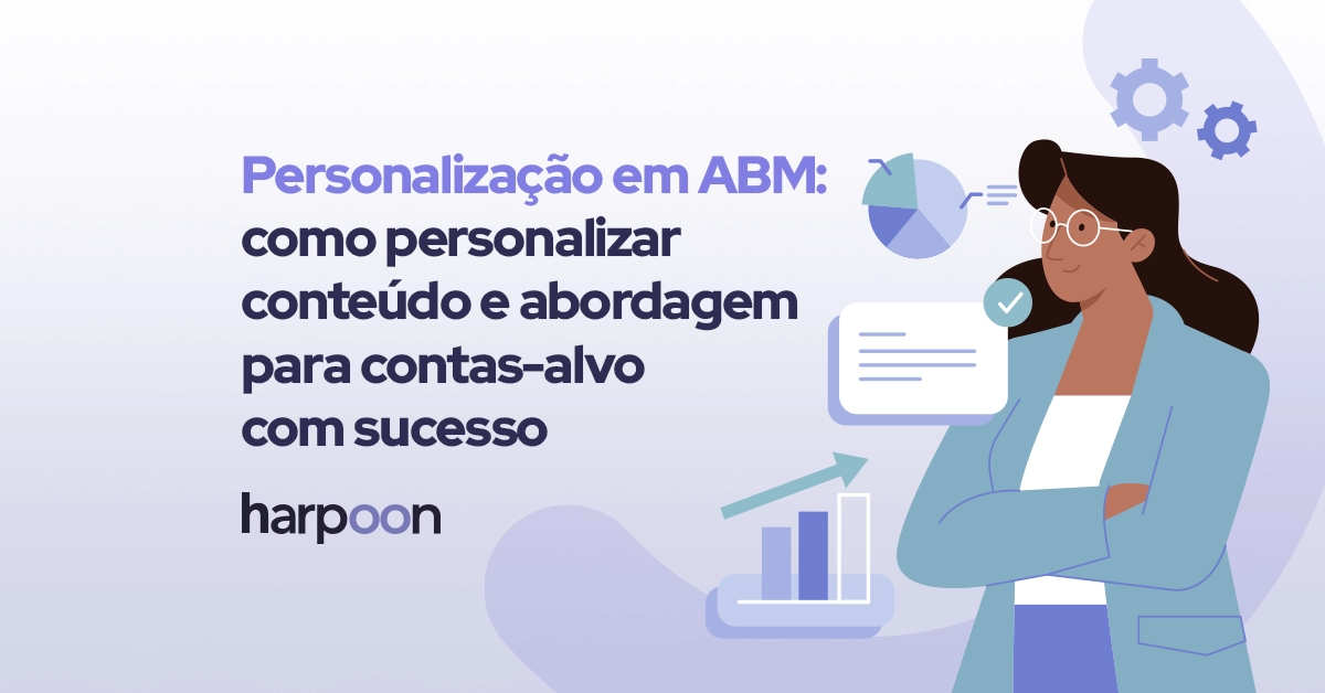 Ilustração para um artigo intitulado 'Personalização em ABM' com uma mulher profissional, gráficos e ícones de análise ao fundo.